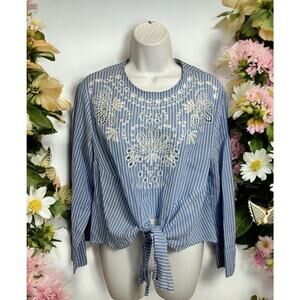 Liquorish Blue Striped Blouse Sz 10 M Embroidered Floral Eyelet Top Front Tie